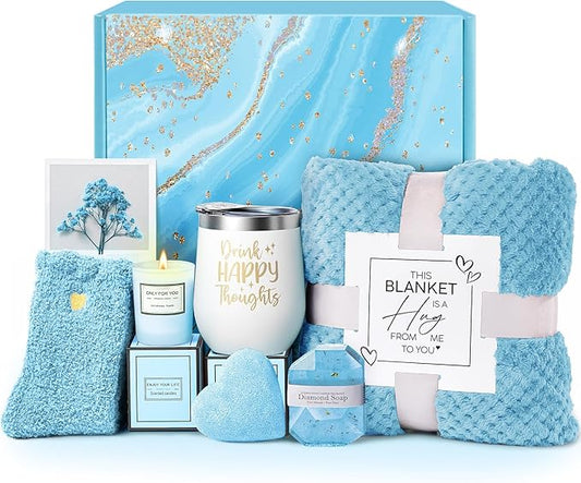 Self Care Get Well Soon Gifts for Women, Luxury Ocean Spa Gift Basket with Flannel Blanket - Unique Birthday Christmas Mother's Valentines Day Gifts for Mom Wife Girlfriend Best Friend Sister Her
