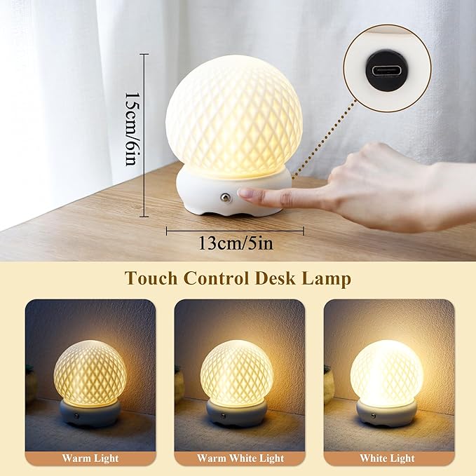 JHY DESIGN Ceramic Spherical Decorative lamp 6" H Rechargeable Table Lamp Dimmable Touch Control Desk lamp for Home Bedroom Living Room Outdoors(Diamond Pattern) - Bloomnest