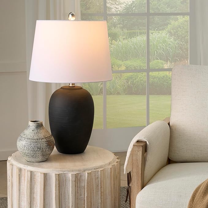 Nourison Home 23" Black Vintage Distressed Ceramic Pot Table Lamp for Bedroom, Living Room, End Table, with White Tapered Drum Shade - Bloomnest