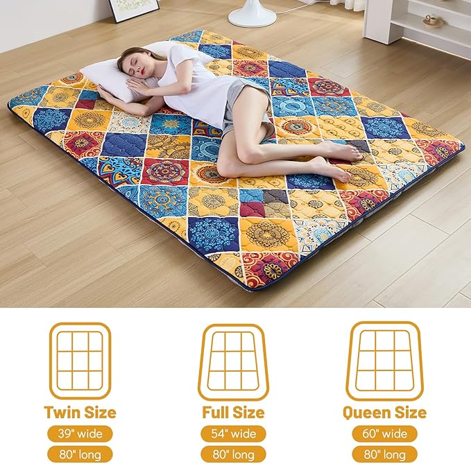 Japanese Floor Mattress Twin, Anti-Slip Japanese Futon Foldable Tatami Mat for Guests, Boho Orange Checkered - Bloomnest