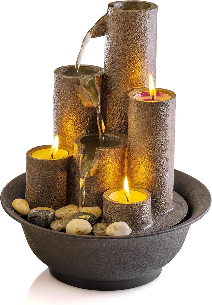Alpine Corporation WCT202 Indoor Tabletop Tiered Water Fountain Featuring 3 Candles for Desktop and Table, 11", Brown - Bloomnest