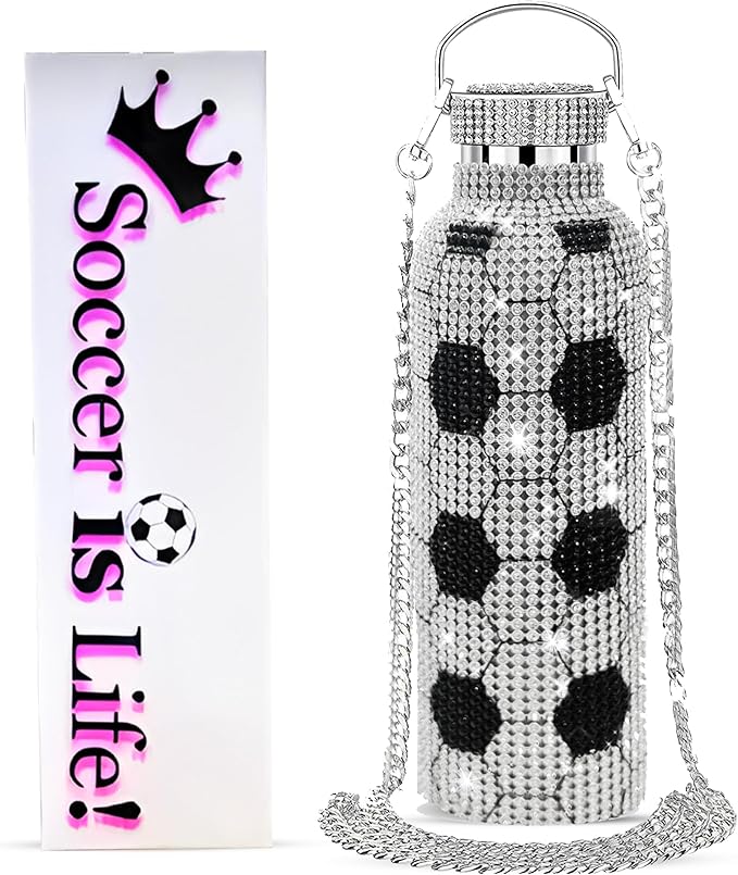 Liquid TuNes Soccer Bling Water Bottle Stainless Steel Thermal Bottle, Insulated Refillable Glitter Water Bottle with Chain, Great Gift Idea for Girls(500ml/16.9 oz) - Bloomnest