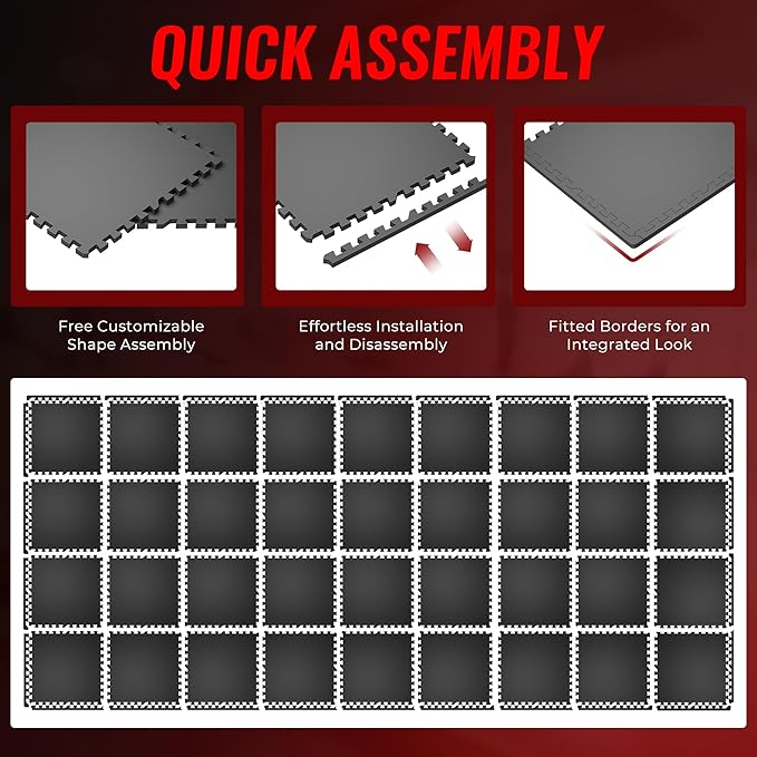 SUPERJARE 0.56'' Thick 36 Pcs 144 Sq Ft Rubber Top Exercise Equipment Mats, High Density EVA Foam Mats with Rubber Top, Interlocking Gym Flooring for Home Gym, Protective Workout Mat, Black - Bloomnest