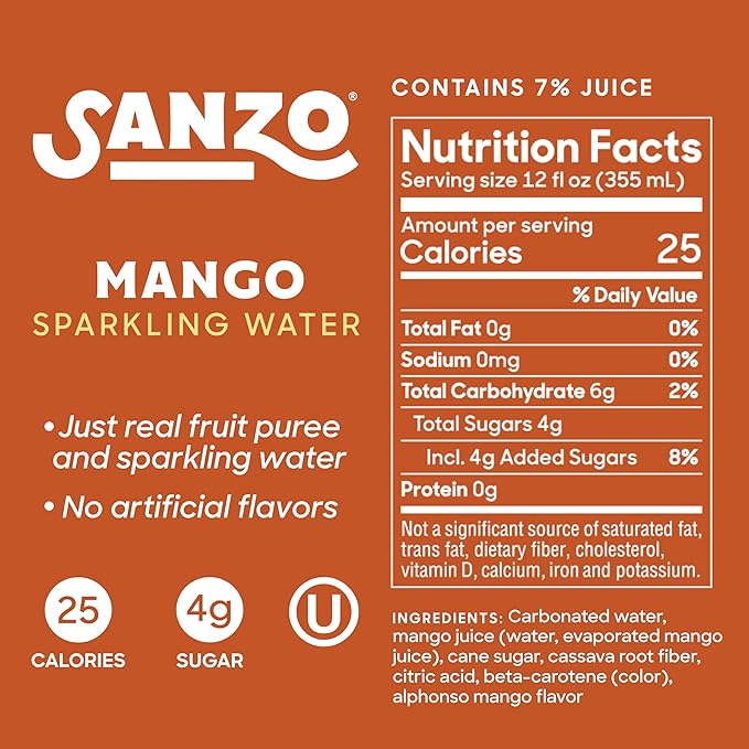 Sanzo Flavored Sparkling Water - Mango Seltzer - Low Calorie Low Sugar - Craft Asian Drinks - Vegan Gluten Free Carbonated Flavored Water - Fizzy Bubbly Healthy Drinks - 12oz, 12 Pack - Bloomnest