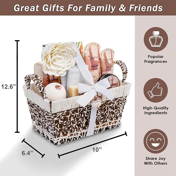 Spa Baskets For Women - Luxury Bath Set With Coconut & Vanilla - Spa Kit Includes Wash, Bubble Bath, Lotion, Bath Salts, Body Scrub, Hand Cream, Shower Puff, Bathbombs, Soap and Towel - Bloomnest