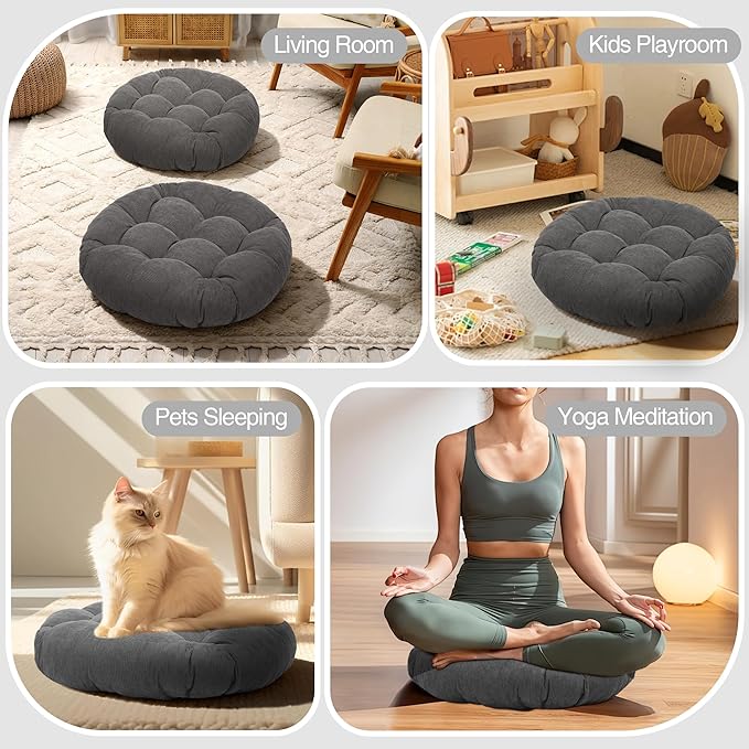 Floor Cushions for Adults Floor Pillows for Sitting Large Round Tufted Meditation Pillows Memory Foam 2 Pcs, 24" x 24", Dark Grey - Bloomnest