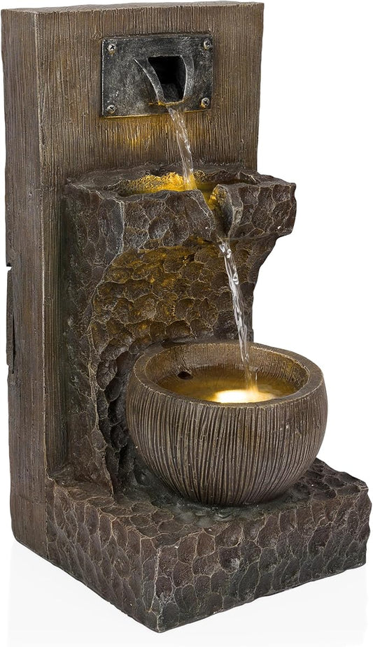 Alpine Corporation ZDQ108 Indoor/Outdoor Floor 3-Tier Fountain with LED Lights, Cascading Garden Water Fountain, 20" H, Brown - Bloomnest
