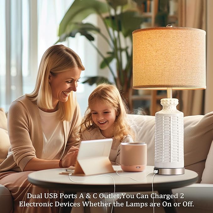 28" White Table Lamps Set of 2, Ceramic Lamps for Living Room with 2 USB Charding Ports, Modern Bedroom Lamps for Nightstand, 2 LED Bulbs Included - Bloomnest