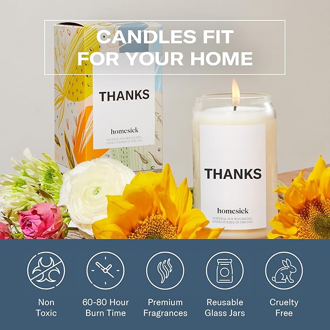 Homesick Scented Candles for Home (Thanks) - 13.75 oz Long-Lasting Soy Wax Blend Jar Candle Gifts for Women for All Occasions, 60-80 Hours Burn Time - Notes of Cucumber, Lemon & Patchouli - Bloomnest