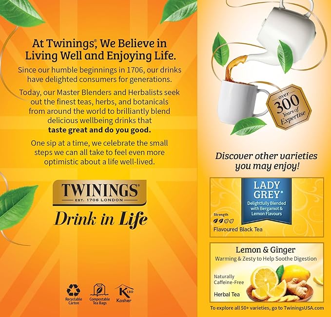 Twinings Earl Grey Black Tea Individually Wrapped Bags, 25 Count (Pack of 6), Flavoured with Citrus and Bergamot, Caffeinated, Enjoy Hot or Iced, 150 Teabags - Bloomnest