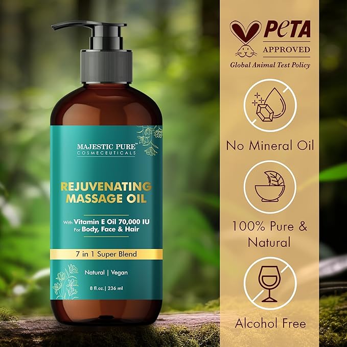 MAJESTIC PURE Vitamin E 70k Blend Massage Oil for Massage Therapy - Refreshing, and Relaxing - Natural Oils with Sweet Almond, Jojoba, Argan & Avocado - for All Skin Types - Men and Women - 8 fl oz - Bloomnest