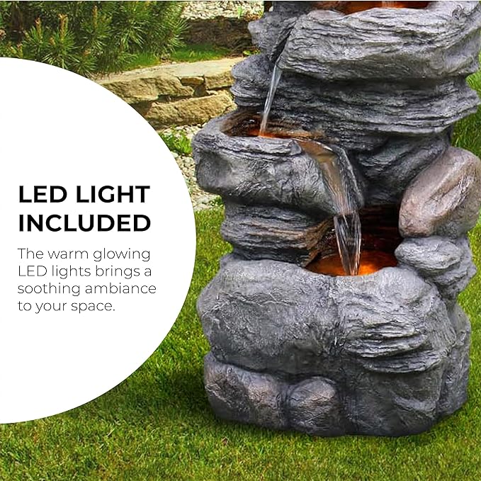 Teamson Home 39.37 in. Outdoor Faux Stacked Stone 4-Tier Water Fountain with LED Lights and Pump, Gray - Bloomnest