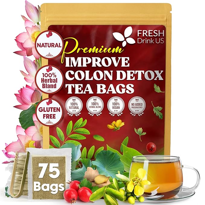 FreshDrinkUS, Premium Improve Colon Tea | 75 Tea Bags | Herbal Tea Blend with Senna Leaves, Lotus Leaves, Hawthorn Berry, Ginger & More – Caffeine Free Botanical Tea – Natural Daily Herbal Infusion - Bloomnest