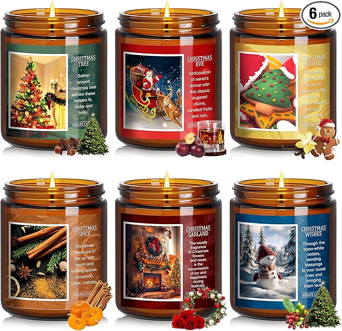 Christmas Candle Gift Set, 6 Pack Holiday Scented Soy Candles for Home, Winter Aromatherapy Candle, Xmas Gift for Women Men, Long Lasting Christmas Tree, Cookie, Spice, Garland, Eve & Wishes Fragrance - Bloomnest