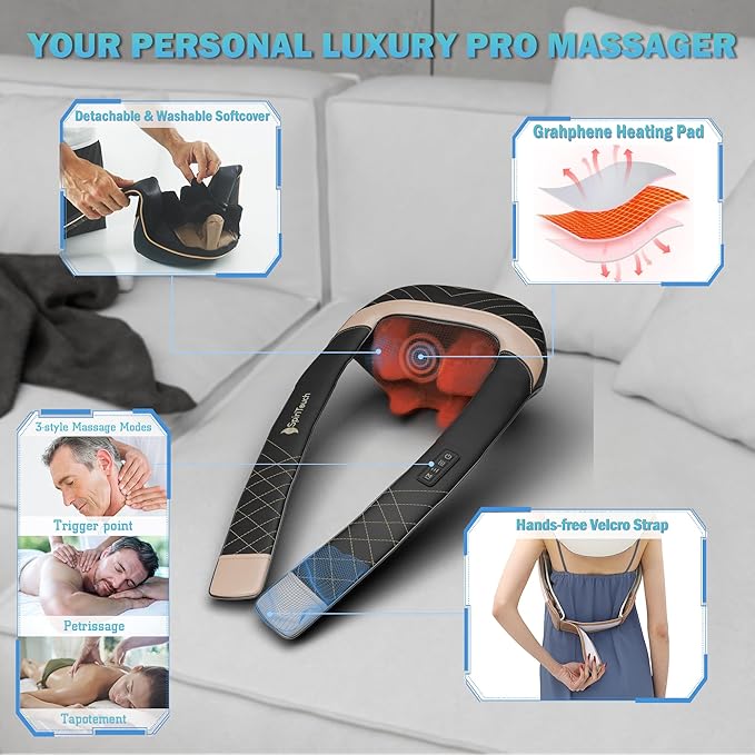 Pro Shiatsu Neck Massager with Heat,4D Heated Neck and Shoulder Massager,Neck Massager for Pain Relief Deep Tissue,Shoulder Massager with Heat, Kneading Massager Machine for Pain Relief - Bloomnest