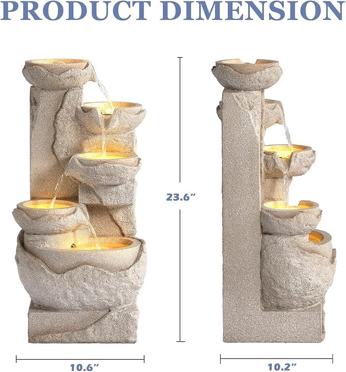 Grepatio Outdoor 5-Tiers Cascading Rock Water Fountain, Waterfall Fountain with 5 LED Lights, Beige Bowl Feature Fountains and Waterfalls for Garden or Patio, Yard, and Deck Decor - Bloomnest