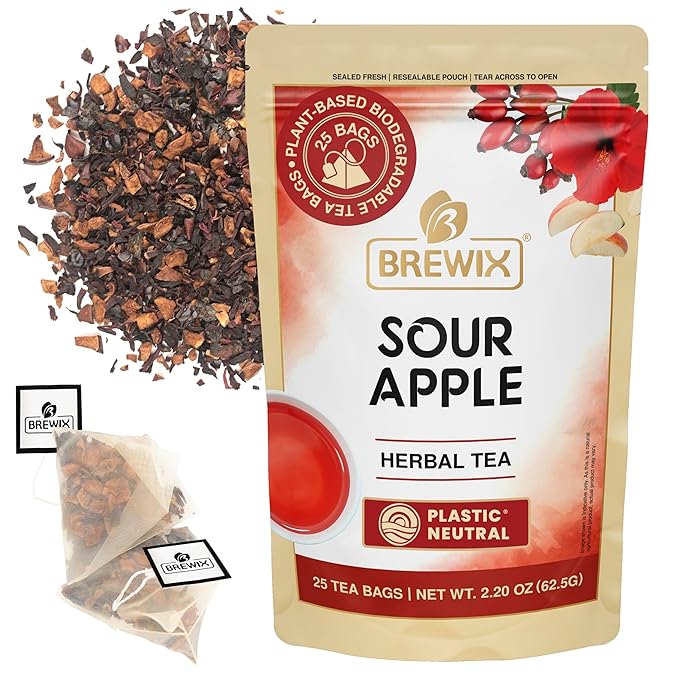 BREWIX, Sour Apple Hibiscus Tea Bags (25 Pyramid Tea Bags) Caffeine-Free Herbal Tea | Apple, Hibiscus, Rosehip | Refreshing Wellness Brew for Any Mood | Hot or Iced Refreshment - Bloomnest