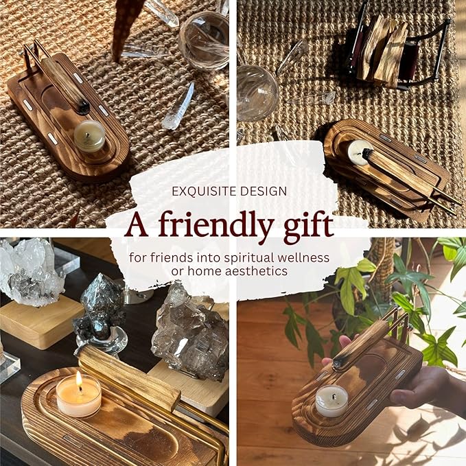 3-in-1 Palo Santo Holder & Burner – Wooden Base Sage Holder with Metal Frame for Palo Santo Sticks, Aromatherapy, Meditation & Smudging Rituals (3 in 1) Bloomnest