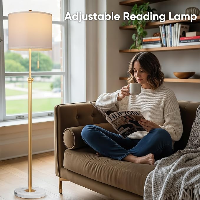 PARTPHONER Floor Lamp for Living Room, 66'' Adjustable Height Standing Lamp with Marble Base, 3-Color Tall Lamps with Pull Chain, Suitable for Bedroom, Reading, Office (Bulb Included, White Shade) - Bloomnest