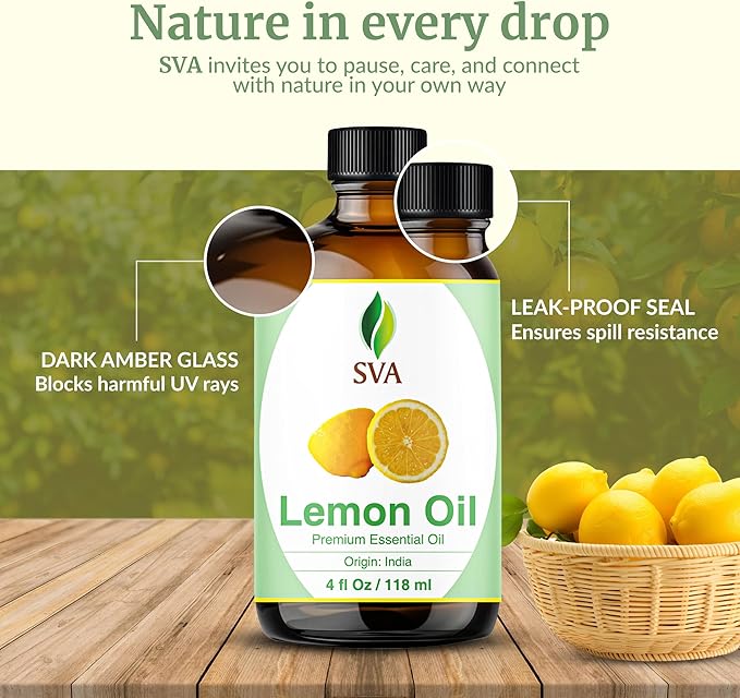 SVA Lemon Essential Oil – 4 Fl Oz – 100% Natural Lemon Oil - for Diffuser, Hair Care, Face, Skin Care, Aromatherapy, Scalp and Body Massage, Soap and Candle Making – with Dropper - Bloomnest