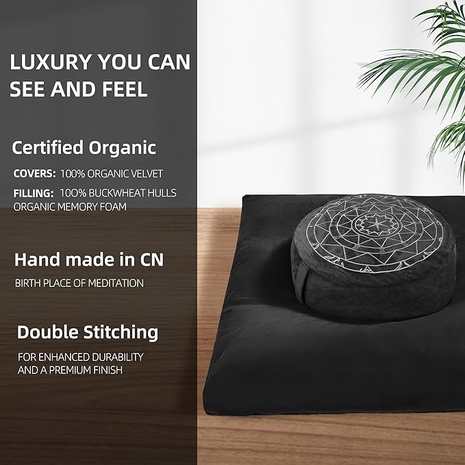 Zafu & Zabuton Meditation Cushion Set - Buckwheat Hull & Memory Foam Pillows, Ergonomic Support for Yoga, Mindfulness - Organic Velvet Cover, Large Size, Durable Comfort (Black) - Bloomnest