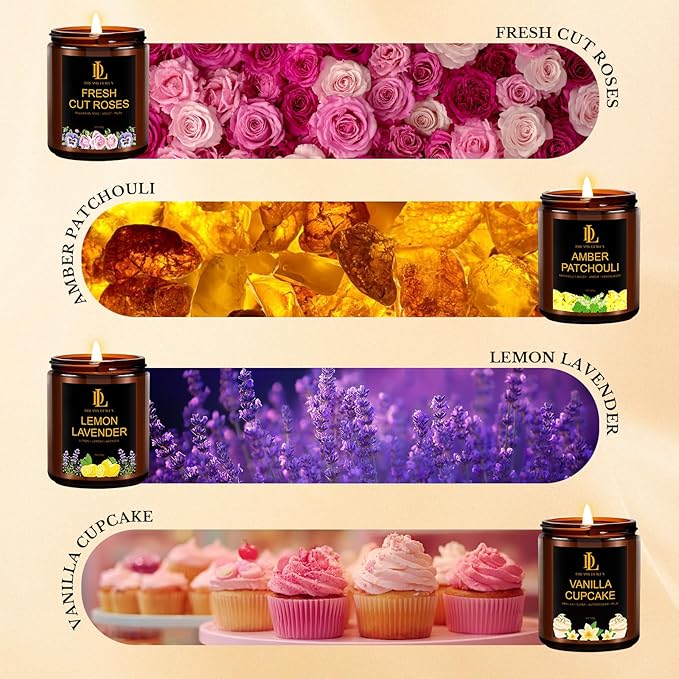 4 Pack Candles for Home Scented, 28 oz Soy Aromatherapy Candle Set, Mother's Day Candle Gifts for Women, Scents of Fresh Cut Roses/Lemon Lavender/Vanilla Cupcake/Amber Patchouli - Bloomnest