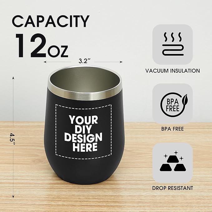 Personalized Custom Wine Tumbler Print in USA 12oz Stainless Steel Travel Coffee Cup with Lid & Straw Double Wall Insulated Mug with Colorful Text Logo Photo - Bloomnest