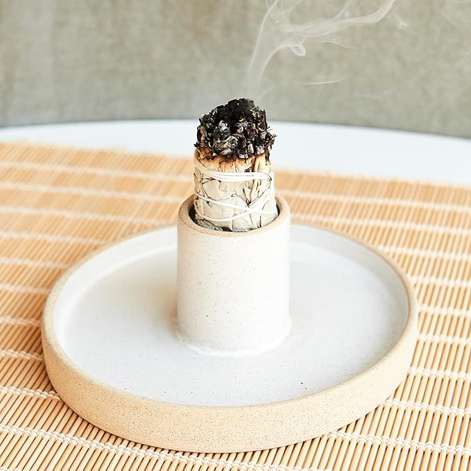 Ceramic Sage Holder for Burning 3 in 1 - Sage Smudge Kit - Incense Holder for Sticks - Palo Santo Holder - White Sage Burner - Altar Supplies Decor - White Sage, Palo Santo, Incense Sticks Included Amarcado