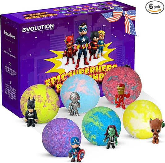 EvolutionUSA Purple Epic Superhero Bath Bombs for Kids, 6 Super Hero Bath Bombs with Toy Inside, Lush Childrens Bathbombs, Organic Bathbomb with Surprise Inside, Fizzy Fun Superhero Bath Balls