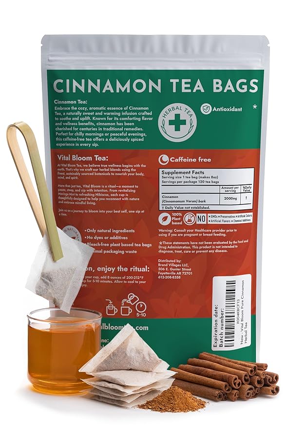 Vital Bloom Pure Cinnamon Tea, warm, spicy flavor, 100% Natural, Caffein Free, Hot or Cold Brew Herbal Tea, Bleach Free Tea Bags, Non GMO (Free Bamboo Tongs included) - Bloomnest