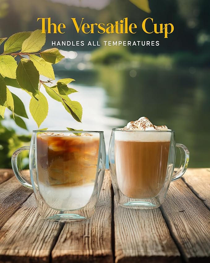 Kitchables Double Walled Glass Coffee Mugs Set of 2, 12oz - Insulated Glass Coffee Mugs for Cappuccino, Latte, Tea, Espresso - Latte Cup - Tazas Para Cafe - Bloomnest