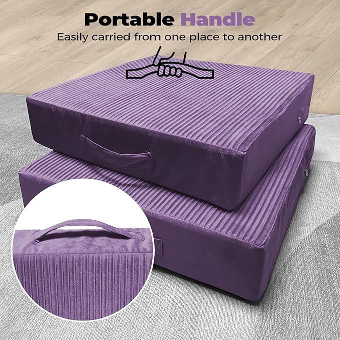 Large Floor Pillows for Adults, Thick Meditation Floor Cushions for Sitting Yoga, 22x22x5 Foam Seat Cushions Set of 2 for Furniture, Floor Pillow with Pleated Velvet Removable Cover, Lavender