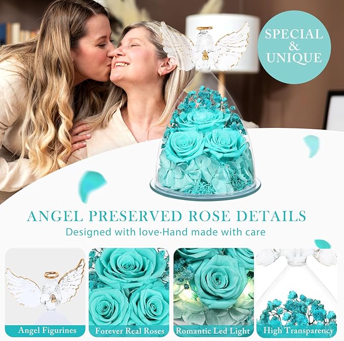 Valentines Day Preserved Flower Rose Gifts for Women, Forever Eternal Fresh Flowers Flores in Glass Angel Figurines for Delivery for Grandma Mom Sister Her Wife Mothers Day from Daughter Birthday - Bloomnest