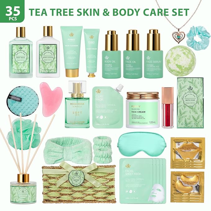 35 Pcs Valentines Day Gifts Basket for Women, Tea Tree Spa Gift, Face Skin Care Set, Bath & Body Gift Set, Self-Care Relaxation Gift, Diffuser, Birthday, Mother's Day, Christmas, Wife