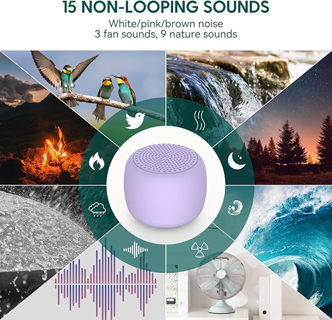 White Noise Machine Babelio Mini Sound Machine for Adults Kids Baby | 15 Non-looping Sounds | Timer | Easy to Pocket and Travel - Purple - Bloomnest