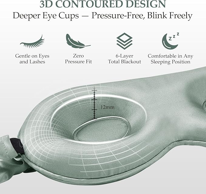 100% Mulberry Silk Sleep Mask for Unisex, 22 Momme 3D Silk Contoured Eye Mask, Breathable Light Blocking Blindfold with Adjustable Strap, Blackout Eye Cover for Travel, Grayish Green - Bloomnest