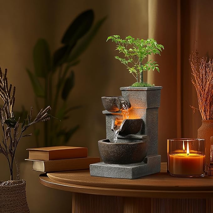 Tabletop Waterfall Fountain, Three Bowls Cascading Indoor Zen Fountain with LED Lights Natural Stones Perfect for Home, Office, Yoga Pump Included（22025N） - Bloomnest
