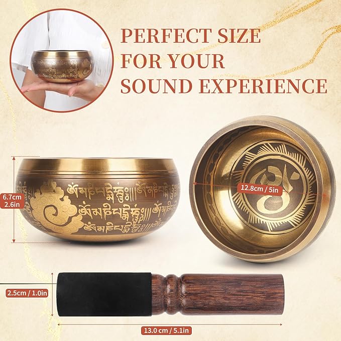 AKLOT HandMade Meditation Singing Bowl: Tibetan Sound Bowl Set with Pure Tone, Sound Bath Bowl with Cushion, Mallet, Carry Bag, Spiritual Gift for Chakra Clearing, Yoga, Prayer, Relaxation (5 Inch)