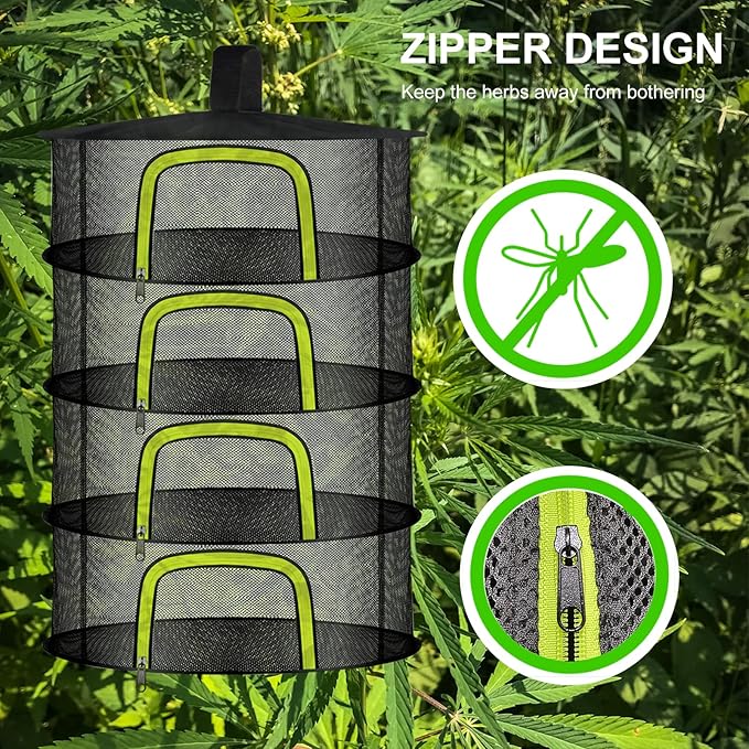 4 Layer Herb Drying Rack, Hanging Mesh Net, Foldable Plant Drying Rack With U-Shaped Zipper, Garden Trimming Shears and Hooks, For Drying Herbs Plants, Fruits, Seafood, Clothing(4 Layers-23.62'') - Bloomnest