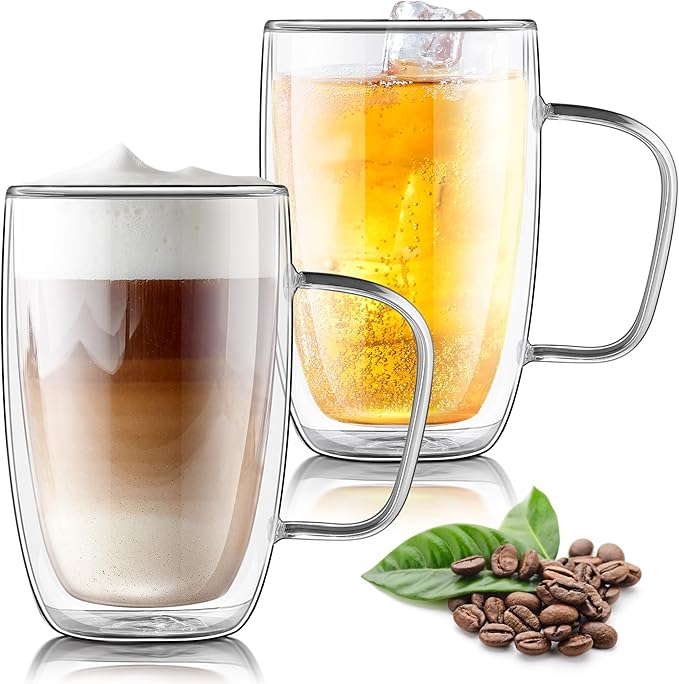 Joeyan Large Clear Double Walled Glass Coffee Mugs 16 oz, Double Layer Tea Latte Cappuccino Glasses Cups with Handle, Double Lined Insulated High Borosilicate Glassware for Hot Drinks, Set of 2 - Bloomnest