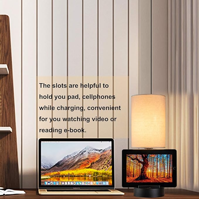 Dreamholder Table Lamp with 3 USB Charging Ports, Modern Desk Lamp with AC Outlet and Phone Stands, Perfect Bedside Lamp for Bedroom, Living Room, Office (Pack of 2), Cream - Bloomnest