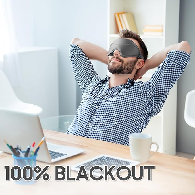 Sleep Mask - Total Blackout 3D Sleeping Mask, Super Lightweight & Silky Soft Eye Mask for Sleeping, Fully Adjustable Fit for Home, Office, Traveling, Meditation, Yoga, Gray - Bloomnest