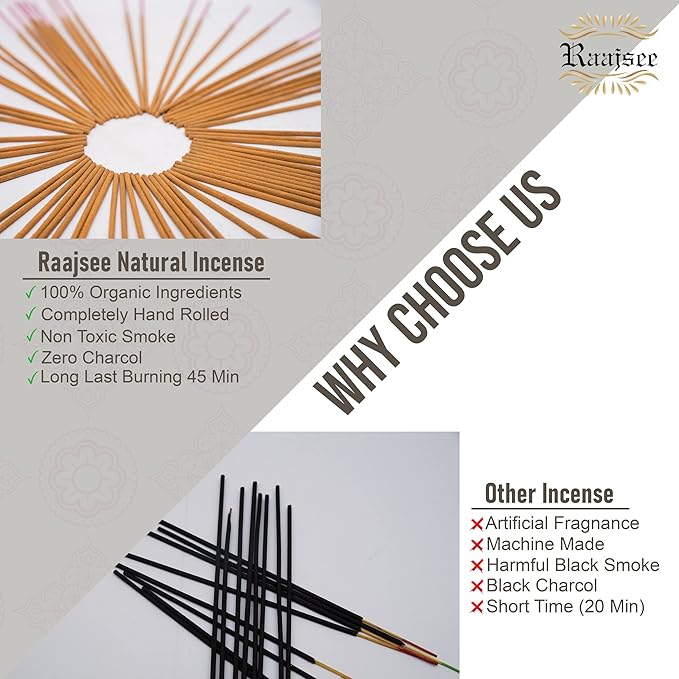Raajsee Natural Incense Sticks,6 Pack Mixed Scents Gift Pack 15 gm Each (90 gm Total), Insense Sticks Variety Pack, 100% Organic Non Toxic Natural - Hand Rolled Free from Chemicals RAAJSEE