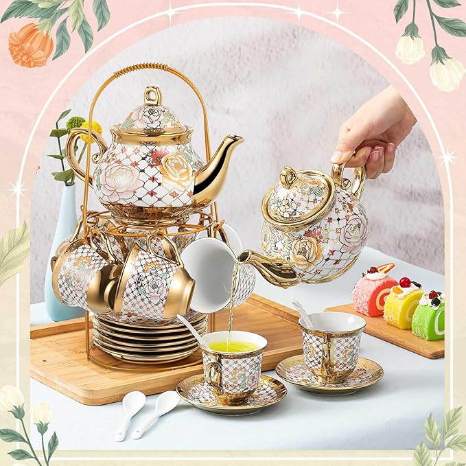 Zhehao 20 Pcs Porcelain Tea Set with Metal Holder and Spoon Adult Ceramic Tea Set European Flower Painting Teapot Cup Saucer Spoon for Women, Large Version(Delicate Style) - Bloomnest