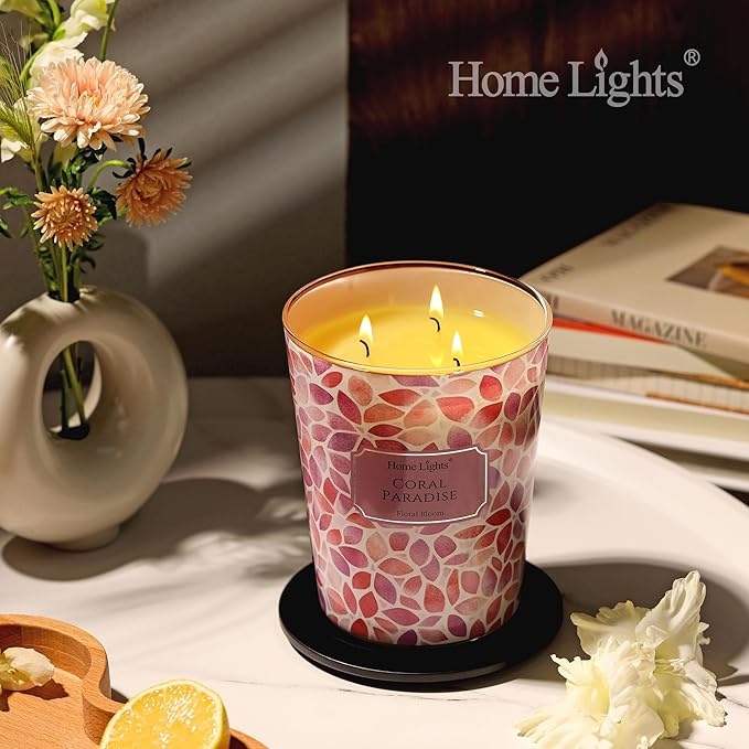 HomeLights Coral Paradise Scented Candles | 34oz Soy Candles Bohemian Natural Textures 3-Wick Large Candle Jars | Ideal Candle Gifts for Events, Home Decor Stress, Relief & Relaxation - Bloomnest