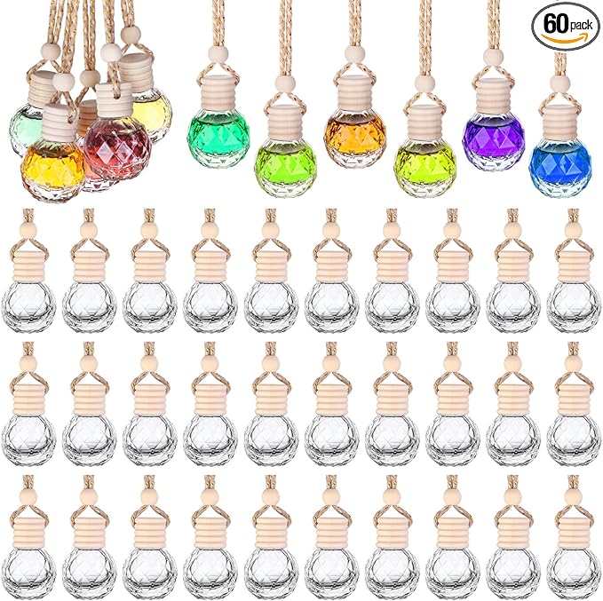 60 Pcs Hanging Car Air Freshener Car Diffuser Bottle Empty Glass Perfume Bottles Air Freshener Diffuser Bottle Pendant for Essential Oils Fragrance Aromatherapy Ornament Decor (Round Diamond) - Bloomnest