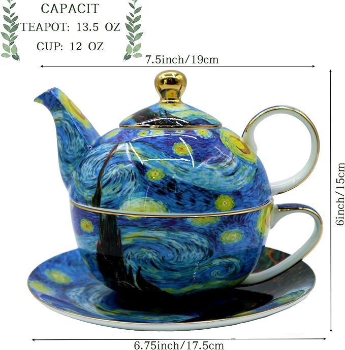 Porcelain 13 OZ Tea for One Teapot and Cup Set Vintage Floral Ceramic Tea Set European Style Tea pot and Saucer Set (Starry Sky) - Bloomnest