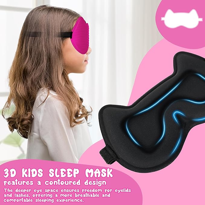 Kids Sleep Mask Eye Mask: 3D Contoured Cup Sleeping Masks, Blindfold with Adjustable Strap, Kids Eye Cover for Boys, Girls, Teens, Pressure-Free with Memory Foam Face Mask for Sleeping (Rose Red) - Bloomnest