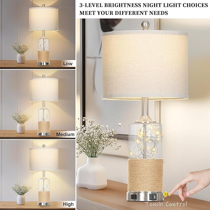 25" Coastal Glass Lamps Set of 2, Touch Control 3-Way Dimmable Night Light Modern Table Lamp with USB A+C Ports & AC Outlets Linen Fabric Shade for Living Room Bedroom Silver Ocean(LED Bulbs Included) - Bloomnest