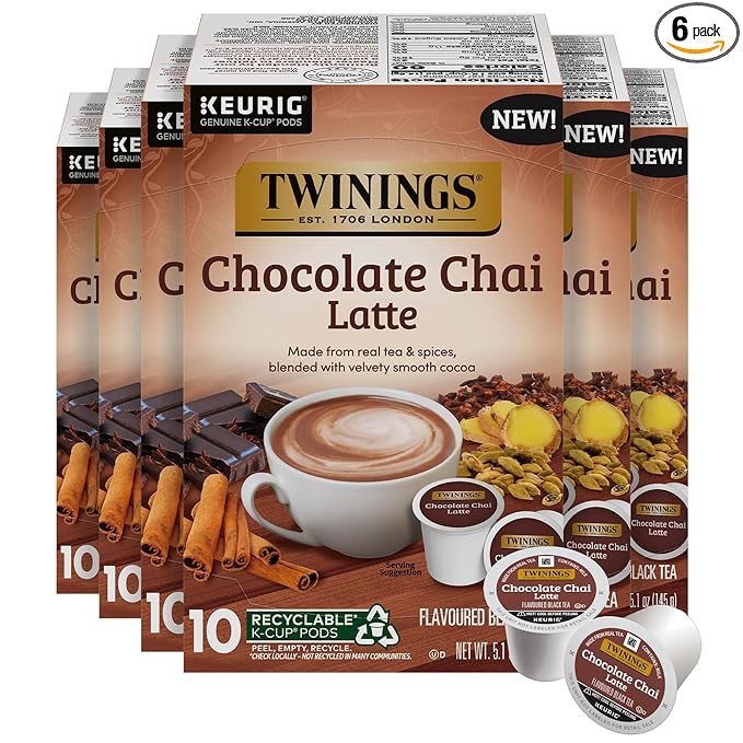 NEW Twinings Chocolate Chai Latte Tea 60 K-Cup Pods for Keurig, 10 Count (Pack of 6), Velvety Smooth Cocoa with Real Spiced Tea, Caffeinated, Enjoy Hot or Iced - Bloomnest